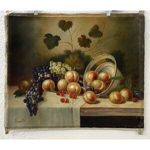 25"x21" OOAK Original Oil Painting on Canvas Still Life Fruit PEACHES by Rometto